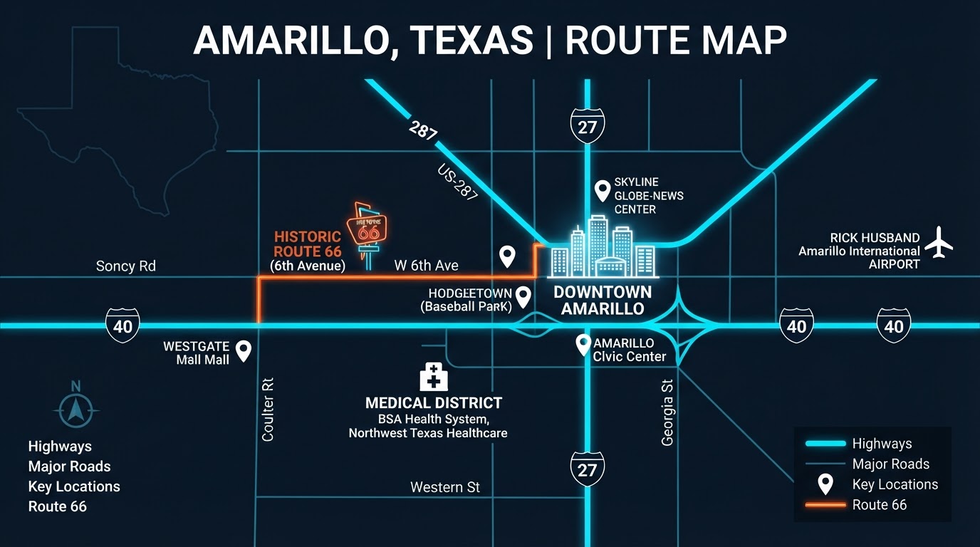 Bright map of Amarillo showing Motivo mobile billboard campaign routes connecting Downtown Amarillo, the Historic Route 66 6th Avenue area, and the Medical District along I-40, I-27, US-287, Soncy Road, Coulter Street, Western Street, and Georgia Street
