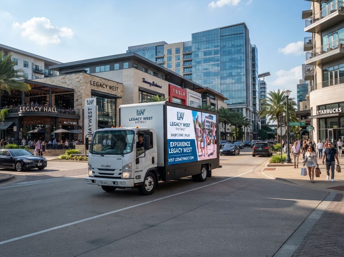 Motivo mobile billboard truck driving through the Legacy West district in Plano, Texas