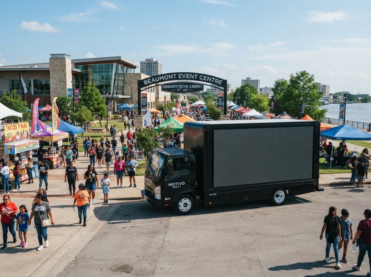 Motivo mobile LED billboard truck near a Beaumont community event venue and festival area