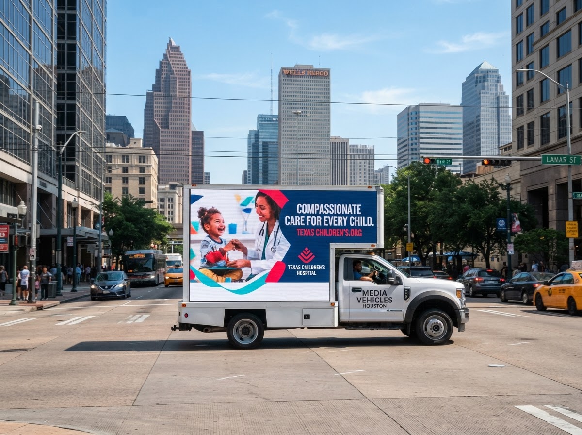 Motivo LED screen advertising truck running a targeted route campaign with full-motion LED creative through downtown Houston during the day