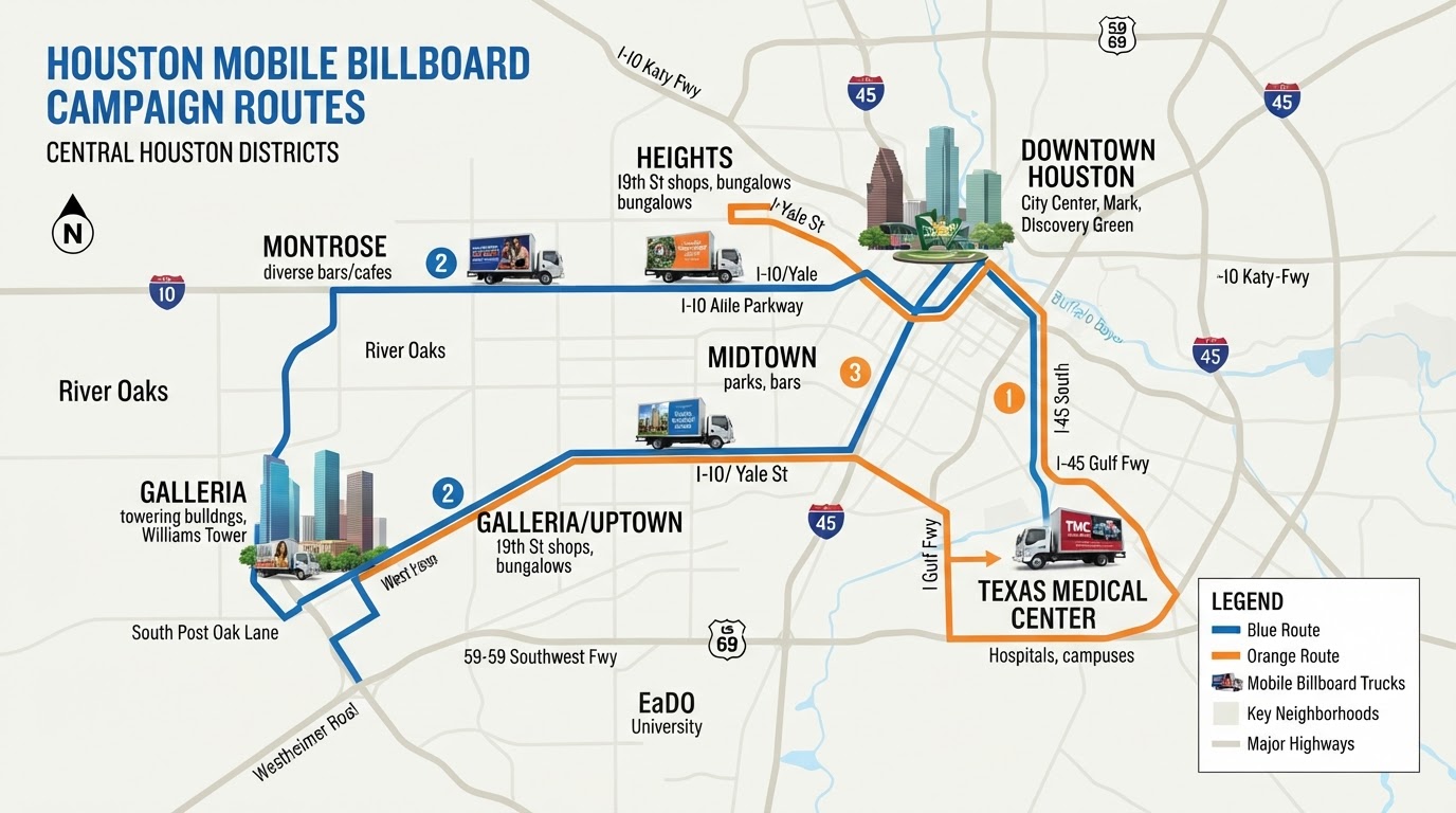 Bright map of Houston showing Motivo mobile billboard campaign routes connecting Downtown, Midtown, Galleria, the Heights, Montrose, and the Texas Medical Center