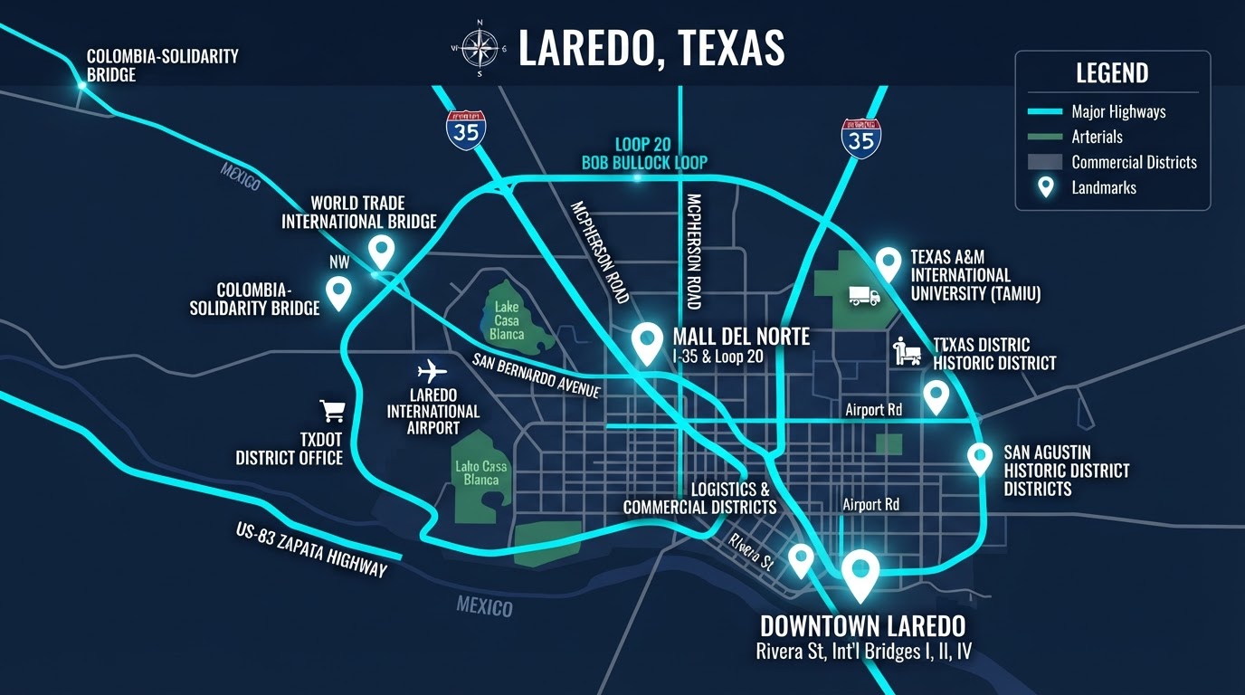 Bright map of Laredo showing Motivo mobile billboard campaign routes connecting Downtown Laredo, Mall del Norte, and border commercial corridors along I-35, Loop 20 Bob Bullock Loop, McPherson Road, San Bernardo Avenue, and US-83