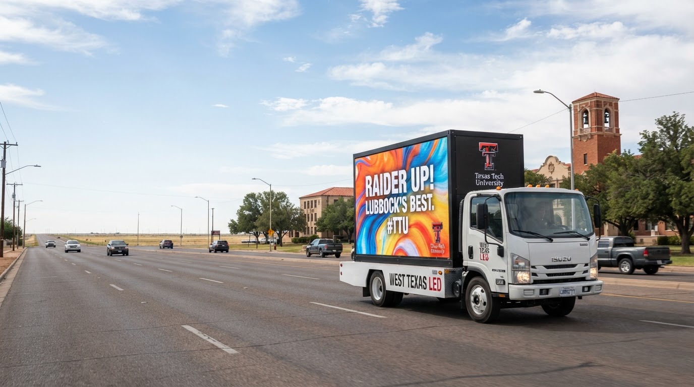 Motivo mobile billboard truck driving through the Texas Tech University area in Lubbock, Texas during the day