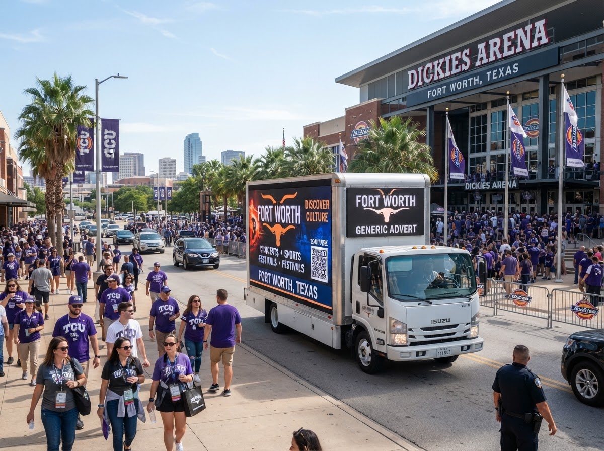 Motivo mobile LED billboard truck near a Fort Worth sports stadium and event venue