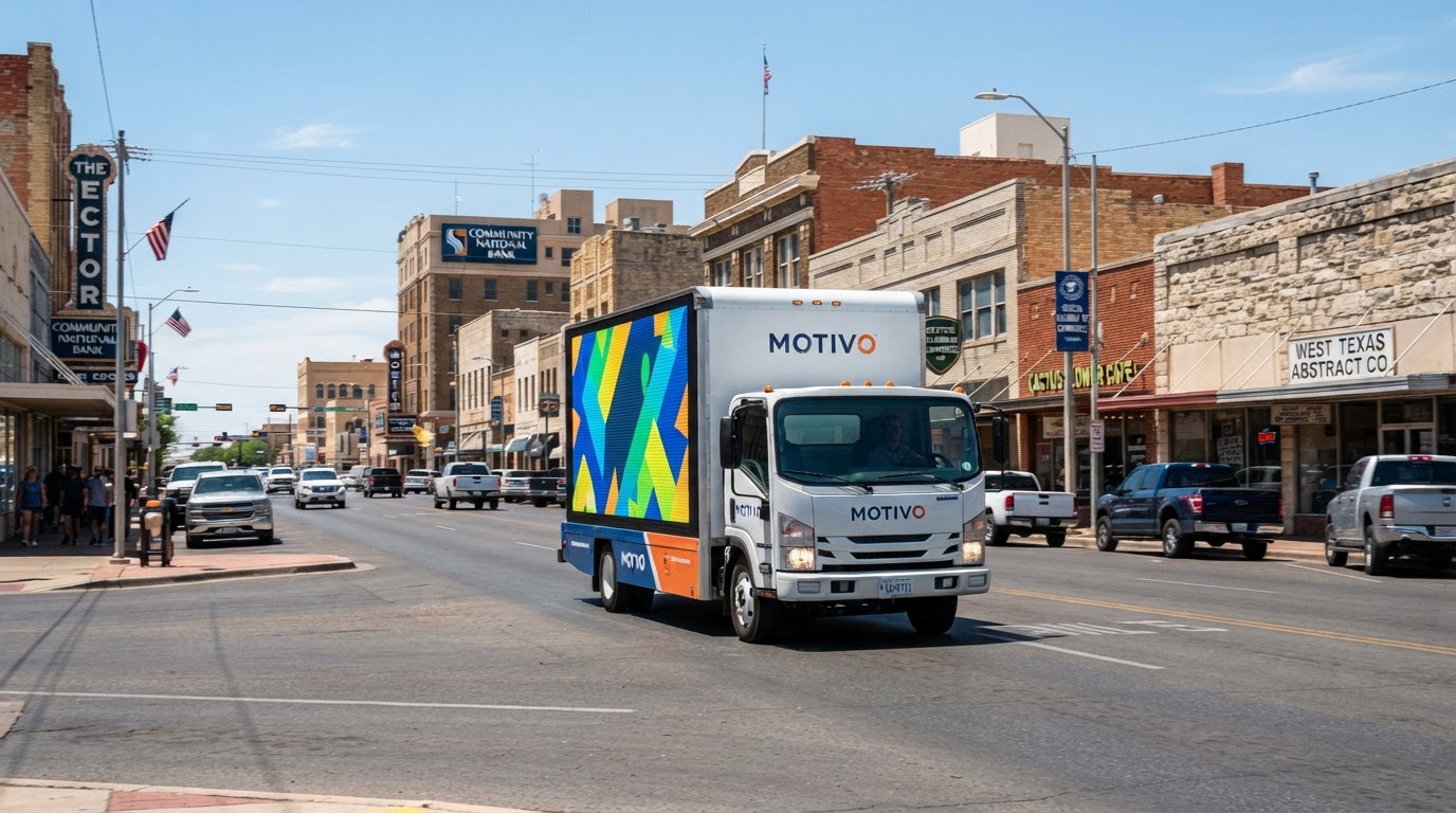 Motivo mobile LED billboard truck driving through Downtown Odessa, Texas near West Texas commercial buildings on a sunny day with clear blue skies