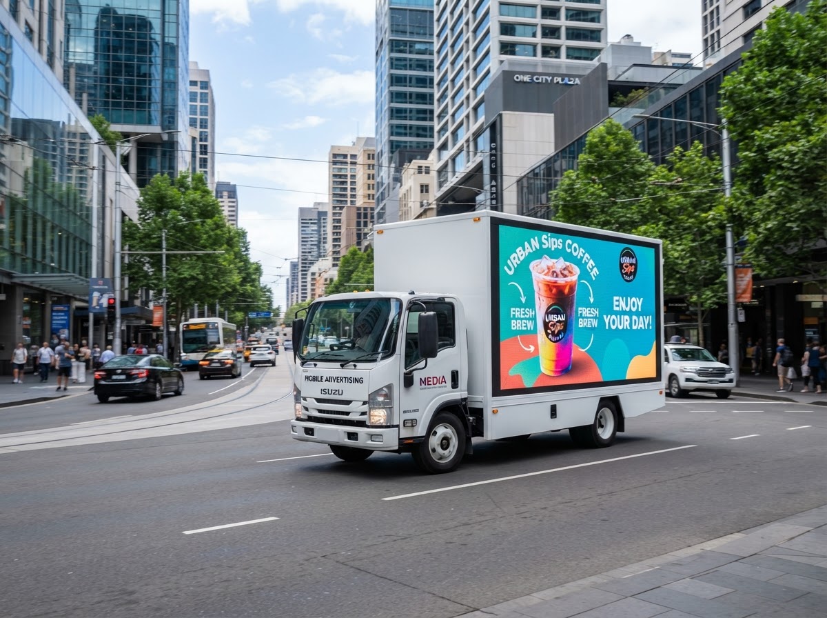 Mobile billboard truck running a targeted advertising campaign through city streets