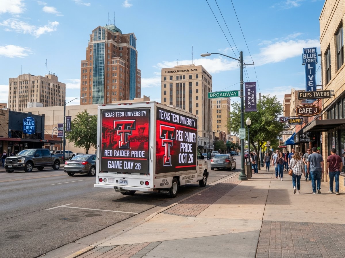 Motivo mobile billboard truck on a Downtown Lubbock business district route during the day