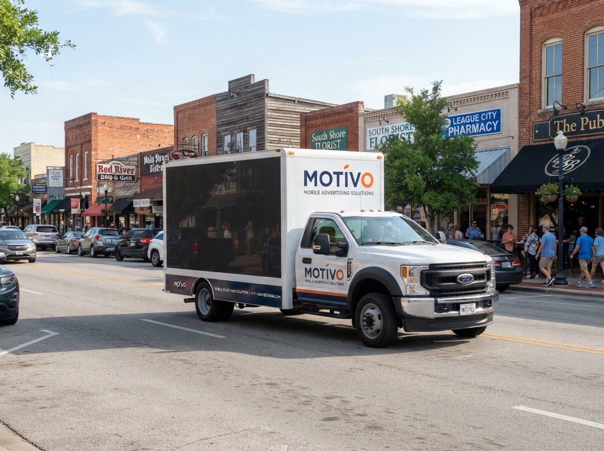 Motivo mobile billboard truck in Downtown League City Texas near Main Street and local shops during the day