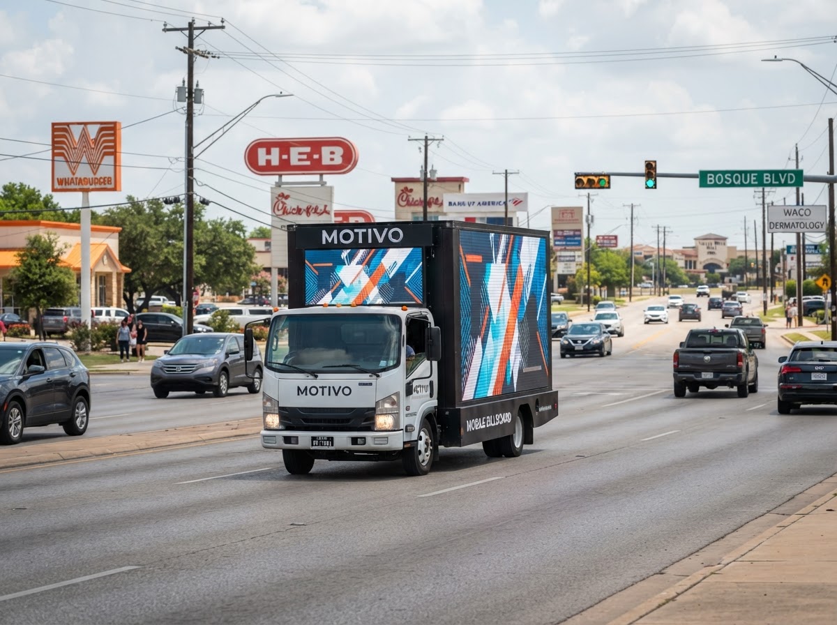 Motivo mobile billboard truck along a Waco retail and commercial corridor near Valley Mills Dr and Bosque Blvd