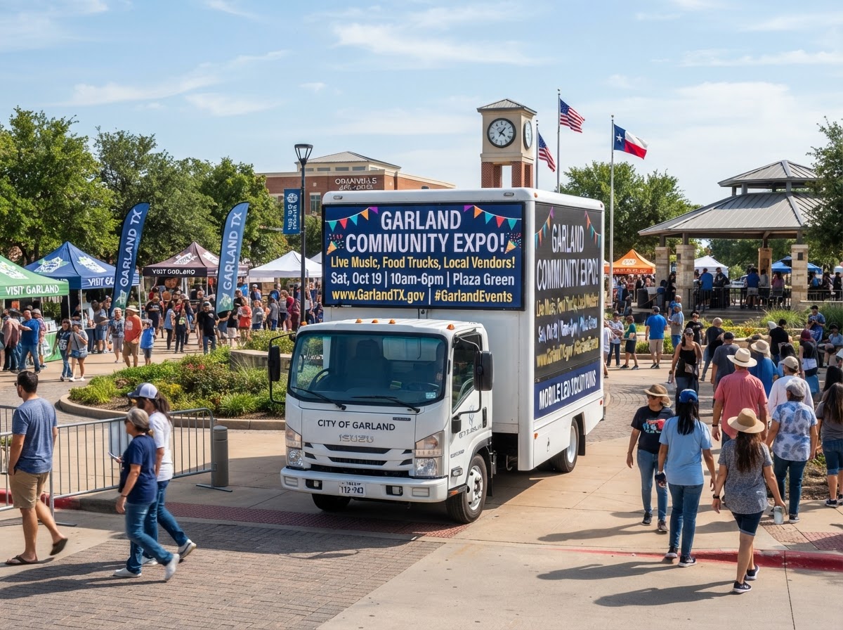 Motivo mobile LED billboard truck at a Garland community event venue