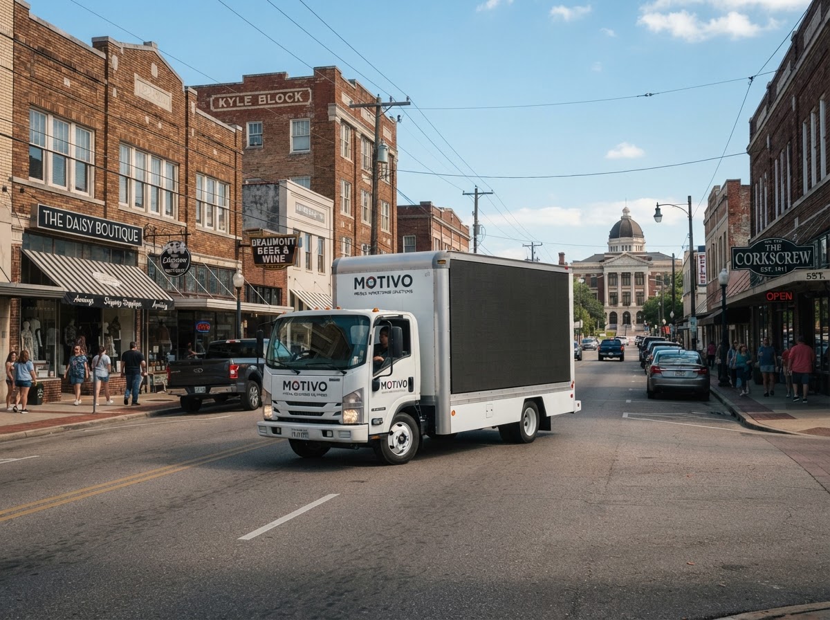 Motivo mobile billboard truck on a Downtown Beaumont Texas street during the day