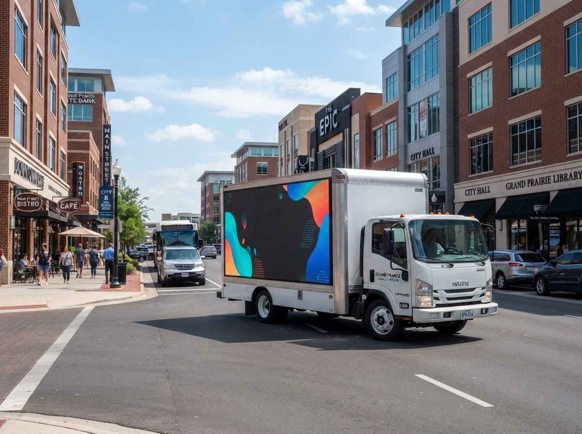 Motivo mobile billboard truck on a Downtown Grand Prairie business district route during the day