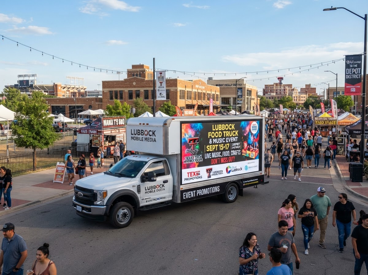 Motivo mobile LED billboard truck at a Lubbock event venue and festival area