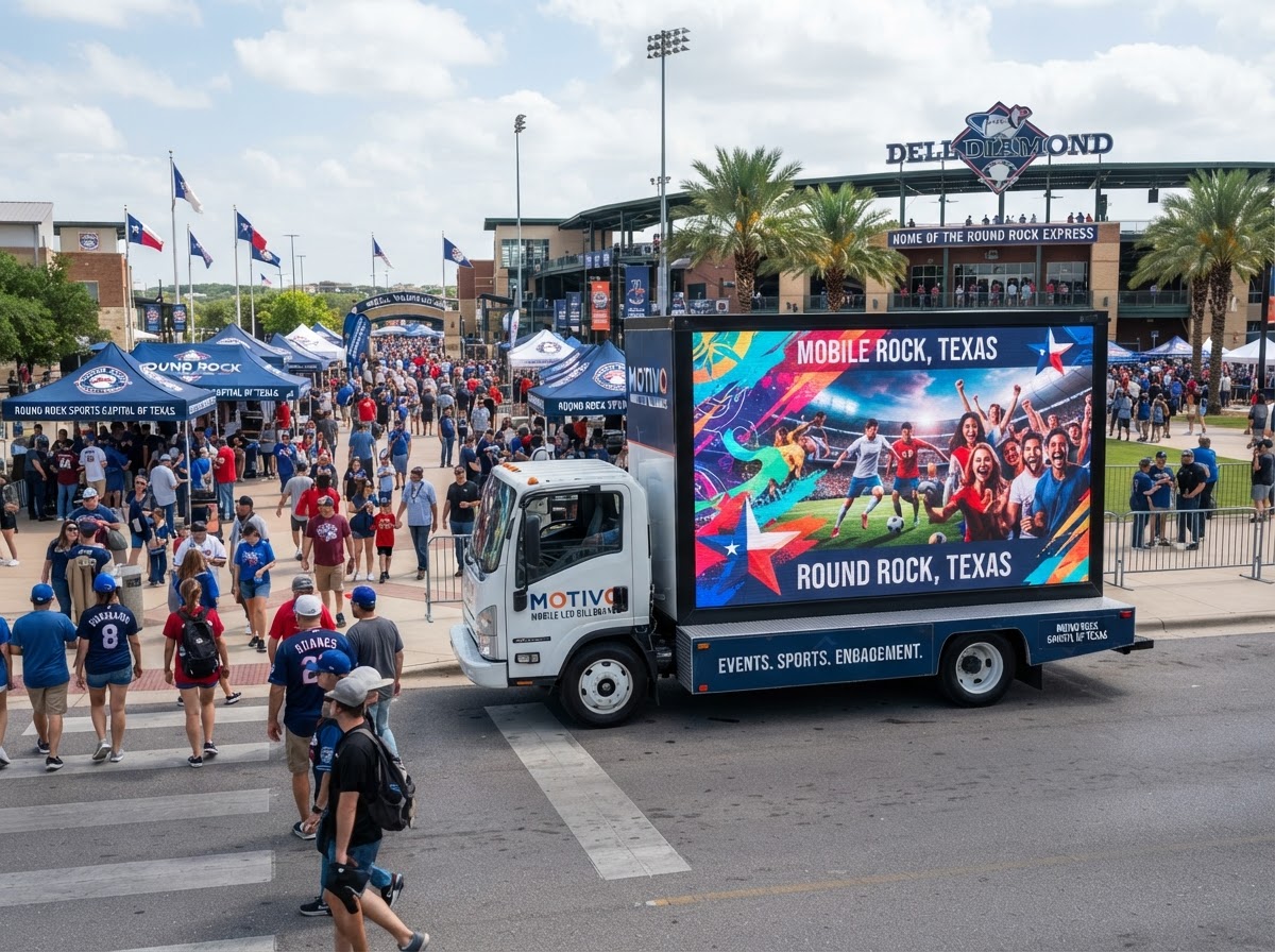 Motivo mobile LED billboard truck at a Round Rock Texas sports and event venue area during a busy event day