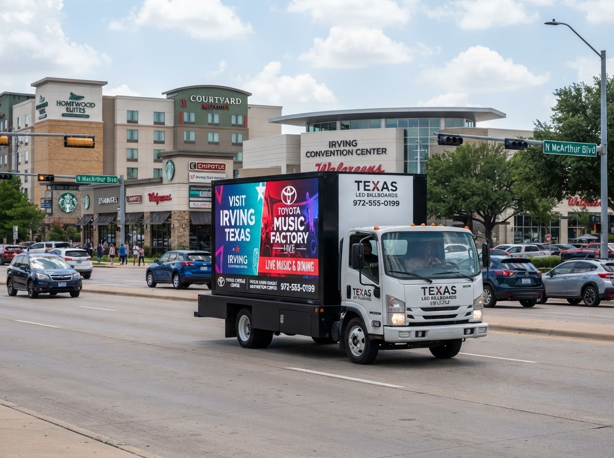 Motivo mobile billboard truck near an Irving retail and hotel corridor