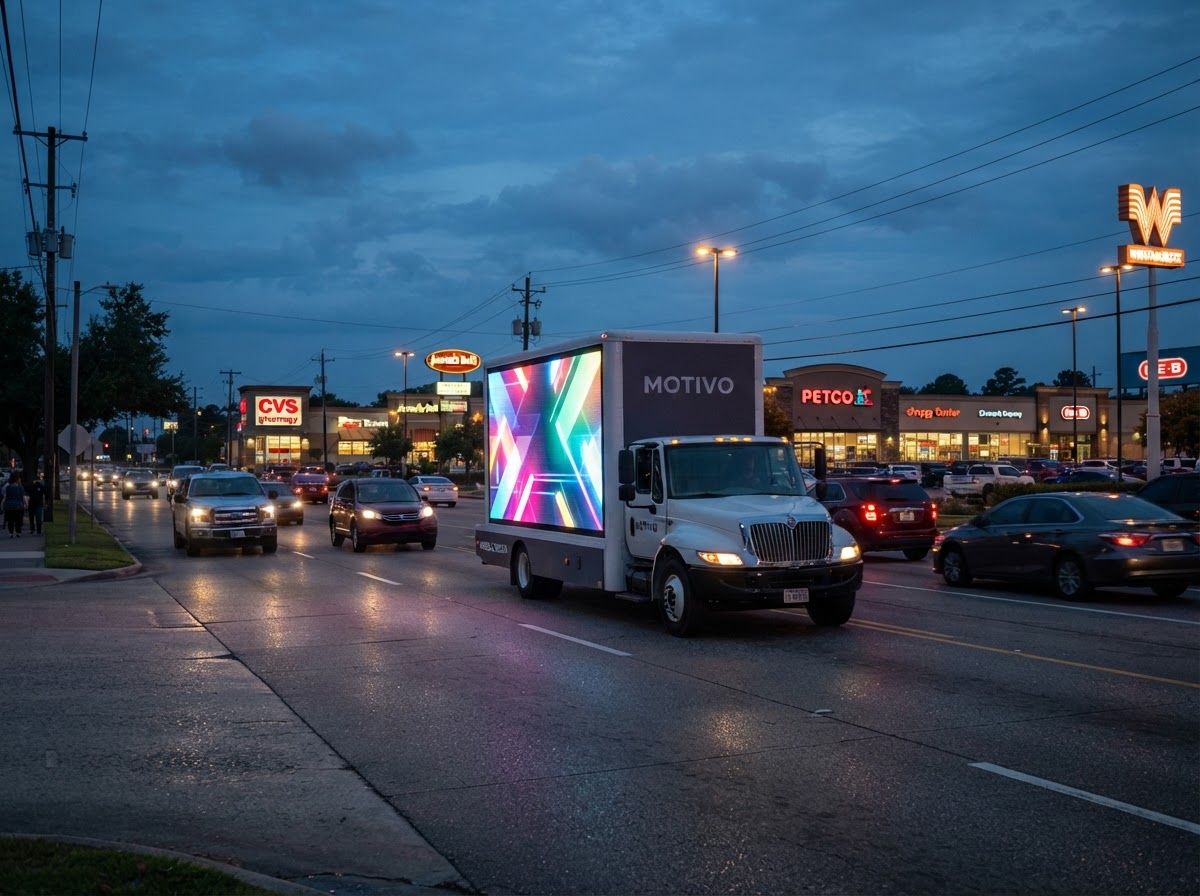 Motivo mobile billboard truck along the Phelan Boulevard commercial corridor in Beaumont at dusk