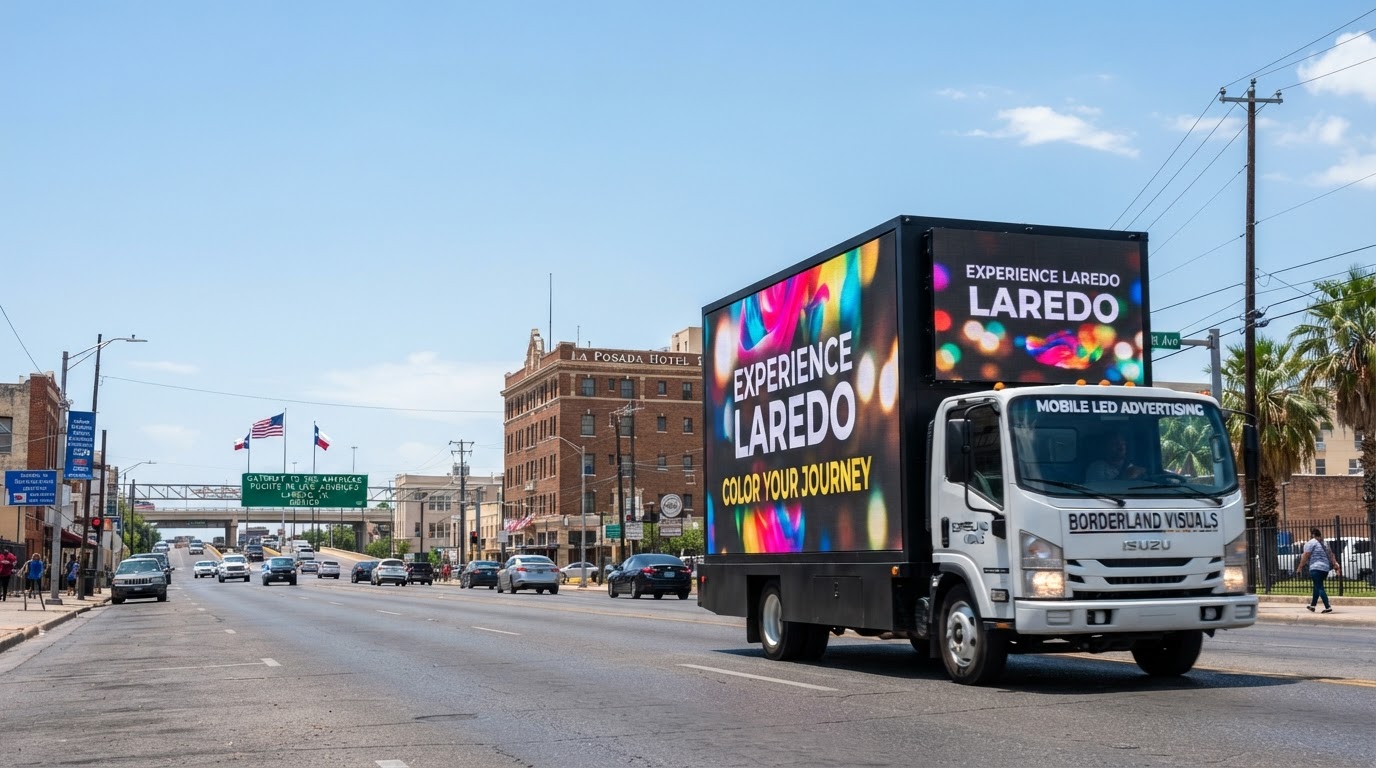 Motivo mobile billboard truck driving through downtown Laredo, Texas near the border commercial district during the day