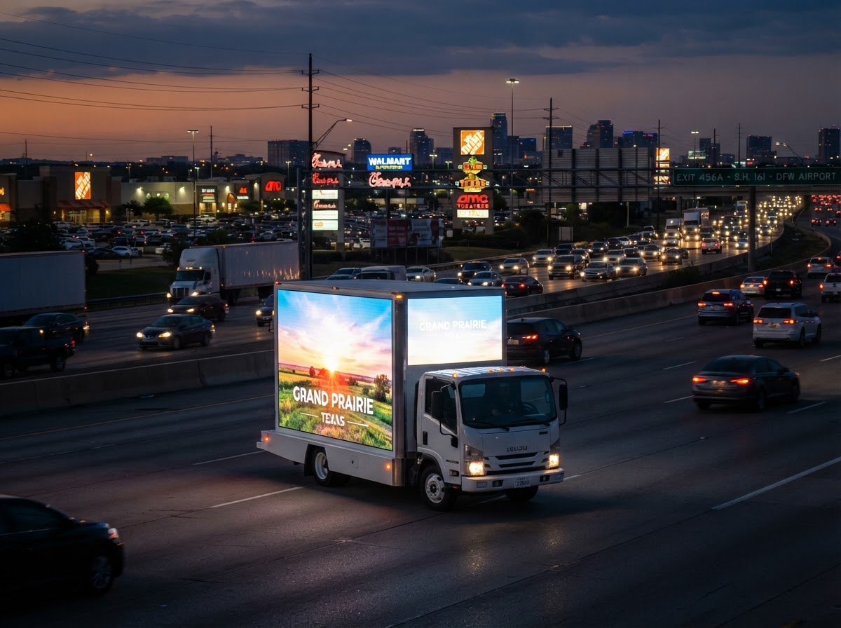 Motivo mobile billboard truck along the I-20 commercial corridor in Grand Prairie at dusk