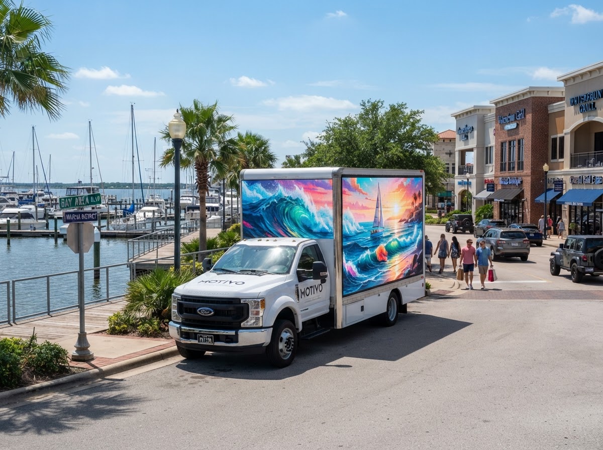 Motivo mobile LED billboard truck near the Bay Area Boulevard marina and coastal retail district in League City Texas