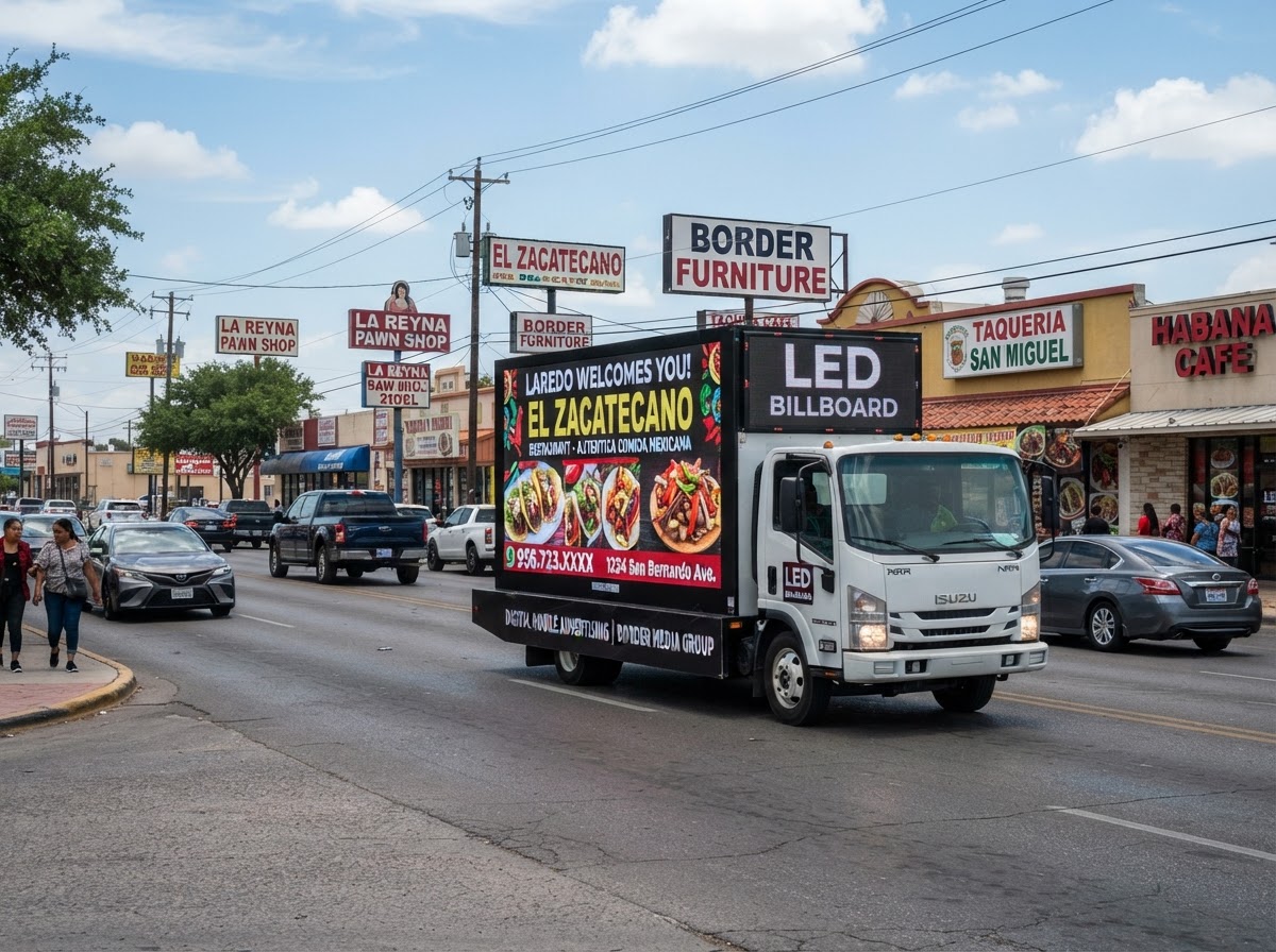 Motivo mobile billboard truck on San Bernardo Avenue commercial corridor in Laredo