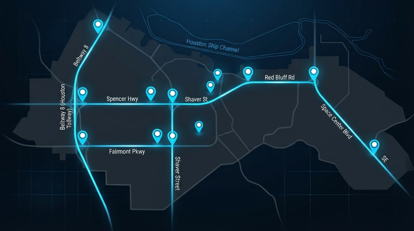 Bright map of Pasadena, Texas showing Motivo mobile billboard campaign routes connecting Pasadena commercial districts, Beltway 8, Spencer Highway, Fairmont Parkway, Shaver Street, Red Bluff Road, and Space Center Boulevard