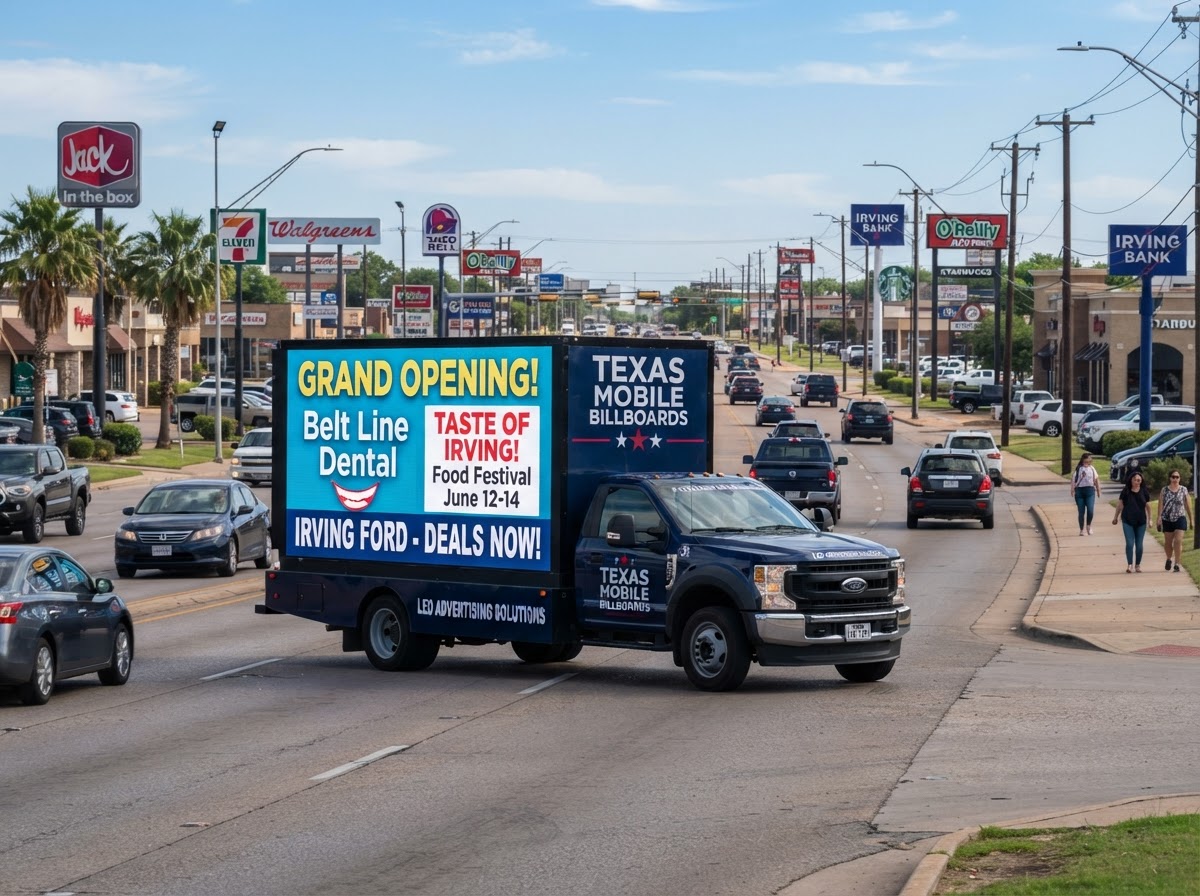 Motivo mobile billboard truck on Belt Line Road commercial corridor in Irving