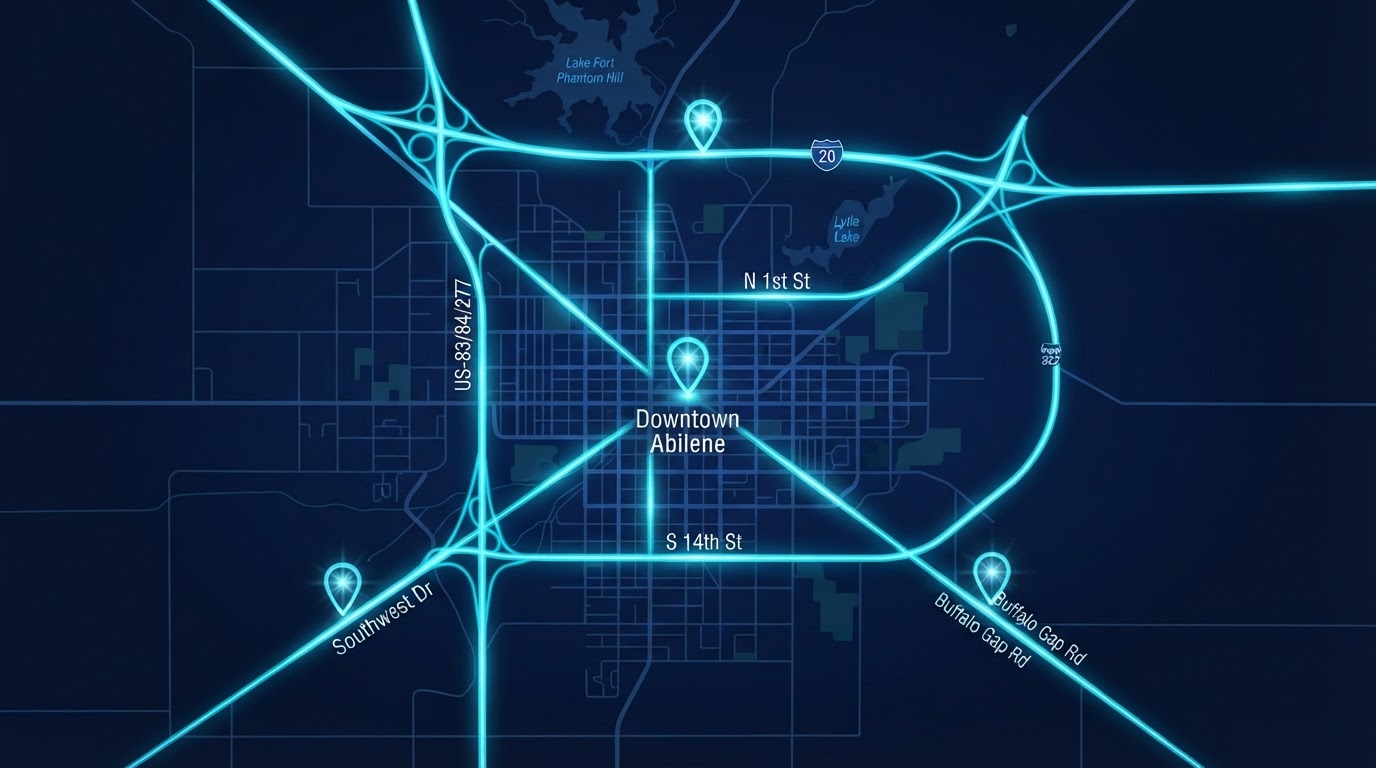 Bright map of Abilene, Texas showing Motivo mobile billboard campaign routes connecting Downtown Abilene, I-20, US-83/84/277, Loop 322, Buffalo Gap Rd, S 14th St, N 1st St, and Southwest Dr