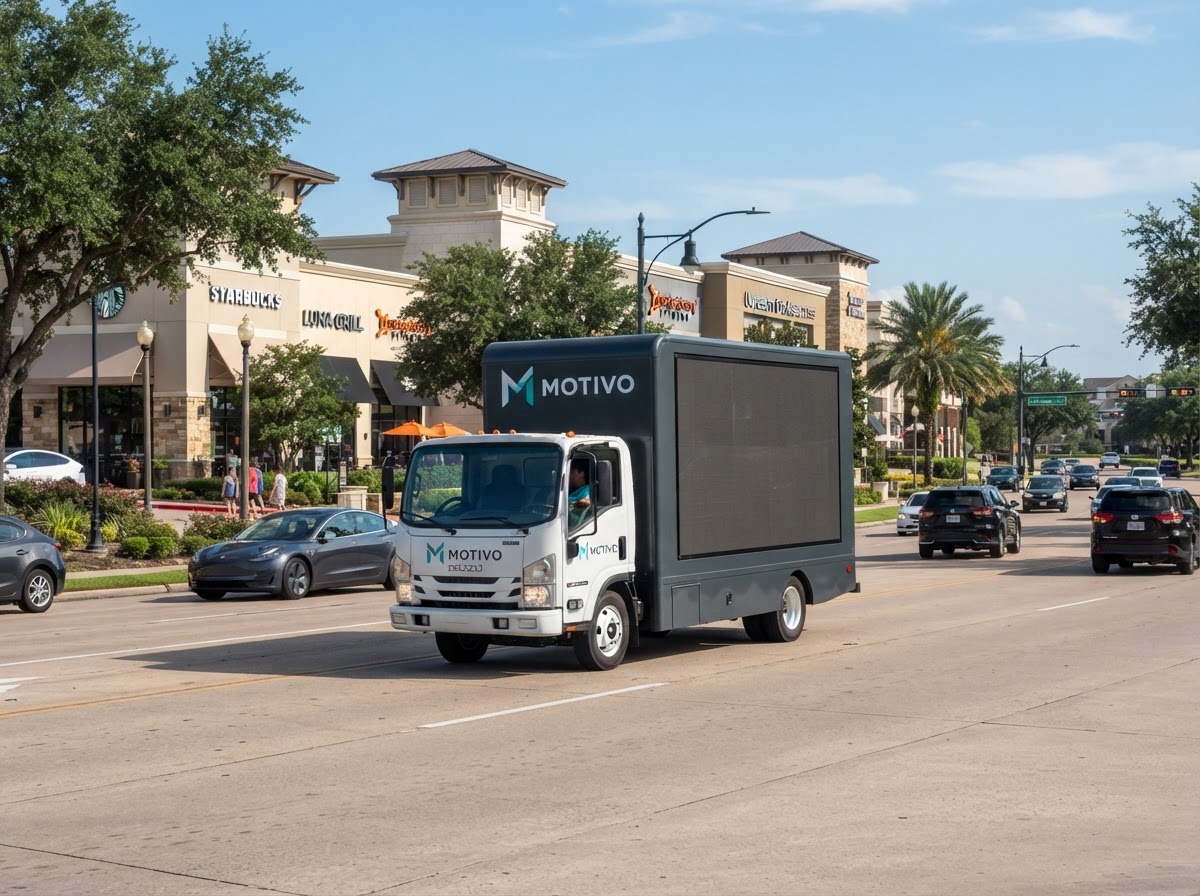 Motivo mobile LED billboard truck near the University Boulevard and Eldridge Road area in Sugar Land Texas with upscale suburban retail