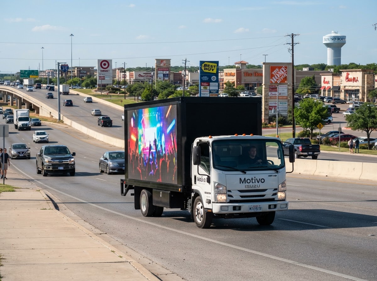 Motivo mobile LED billboard truck along the I-35 frontage road in Round Rock Texas near major retail centers