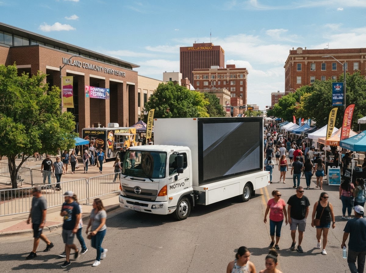 Motivo mobile LED billboard truck near a Midland community event venue and downtown festival area