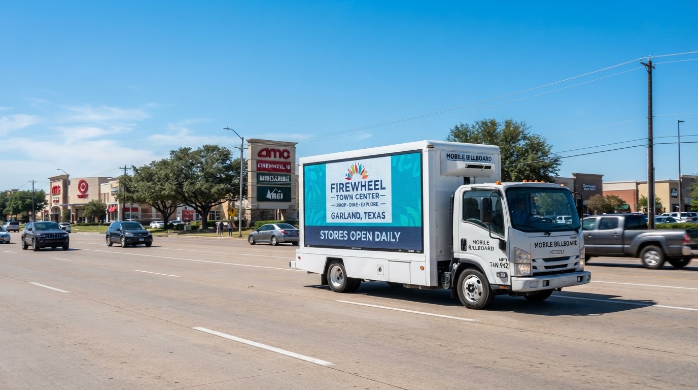 Motivo mobile billboard truck driving along a sunny commercial boulevard in Garland, Texas near Firewheel with clean blue skies