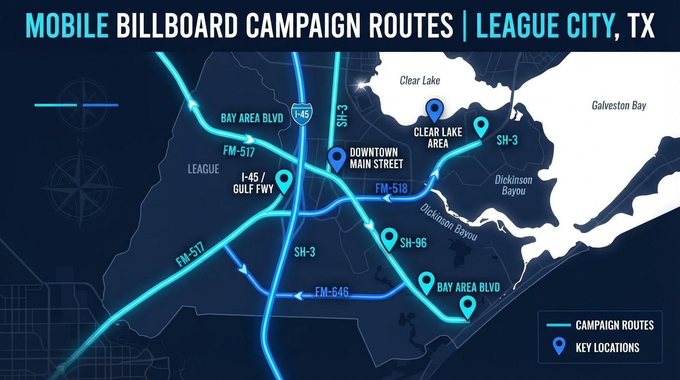 Bright map of League City, Texas showing Motivo mobile billboard campaign routes connecting Downtown Main Street, I-45, SH-3, SH-96, FM-518, FM-646, FM-517, Bay Area Boulevard, and the Clear Lake area