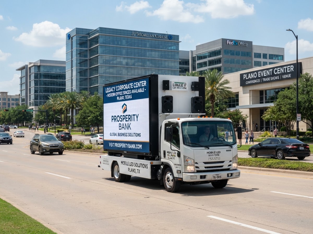 Motivo mobile LED billboard truck near a Plano corporate business district and event venue