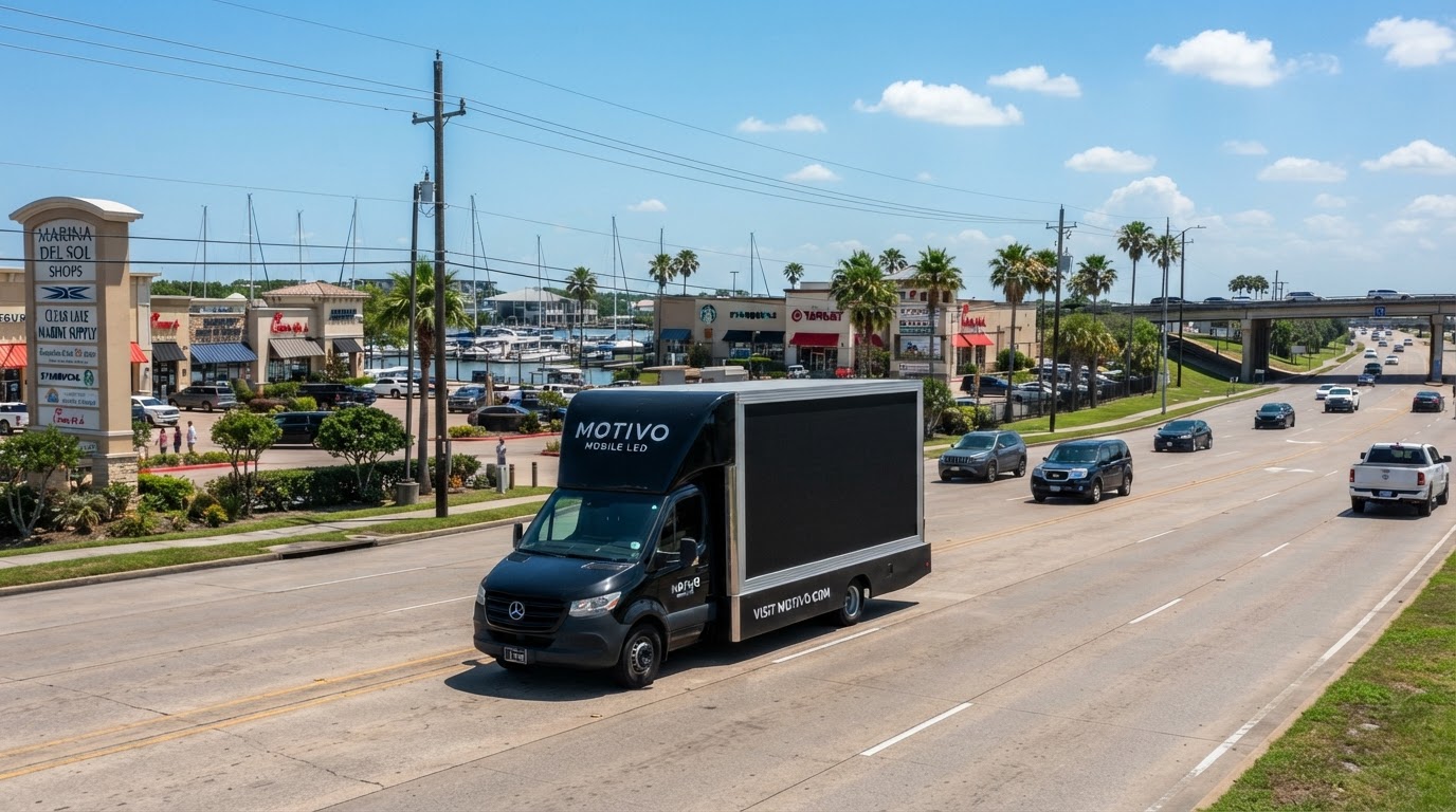 Motivo mobile LED billboard truck driving along a League City Texas coastal-area retail corridor near I-45 and Clear Lake with clear blue skies