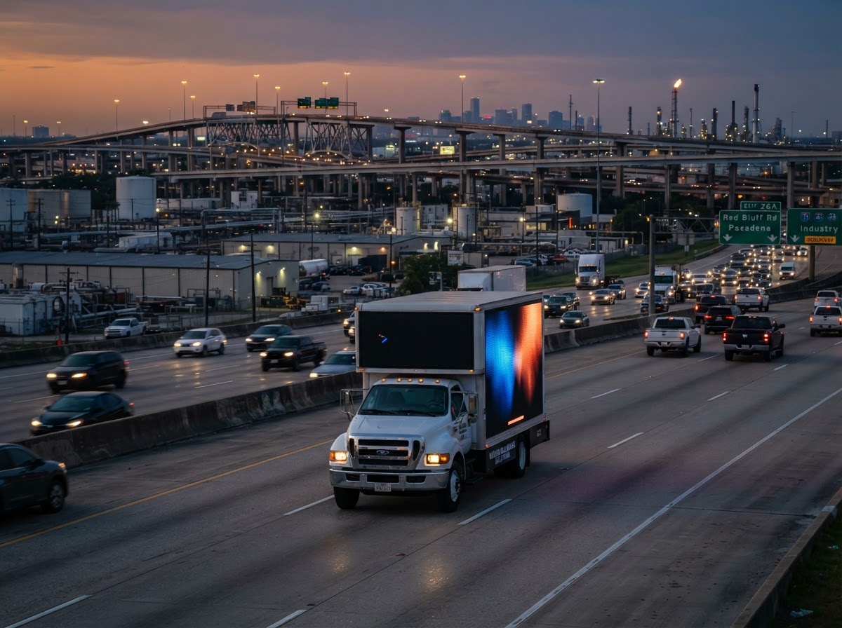 Motivo mobile billboard truck along the Beltway 8 corridor in Pasadena at dusk