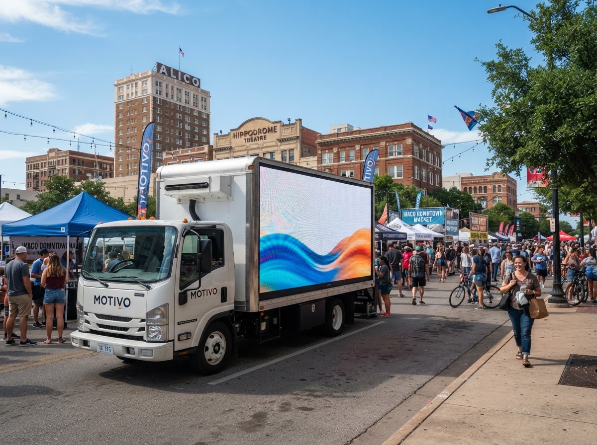 Motivo mobile LED billboard truck near a Waco community event venue and downtown festival area