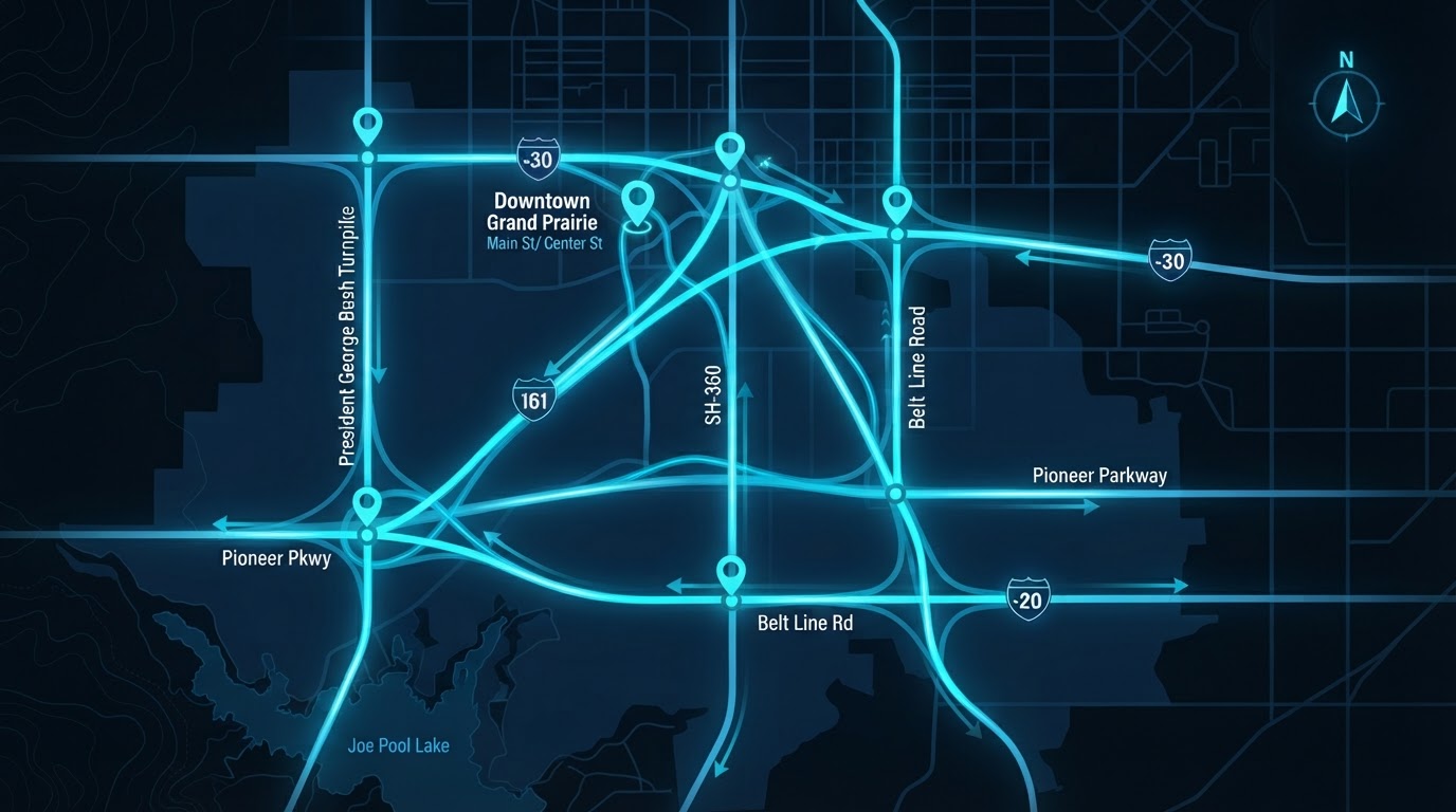 Bright map of Grand Prairie showing Motivo mobile billboard campaign routes connecting Downtown Grand Prairie, SH-161, SH-360, I-20, I-30, Belt Line Road, and Pioneer Parkway