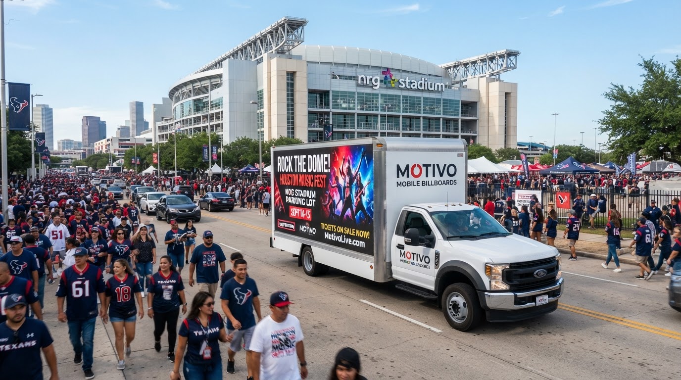 Motivo mobile billboard truck promoting an event near a Houston stadium