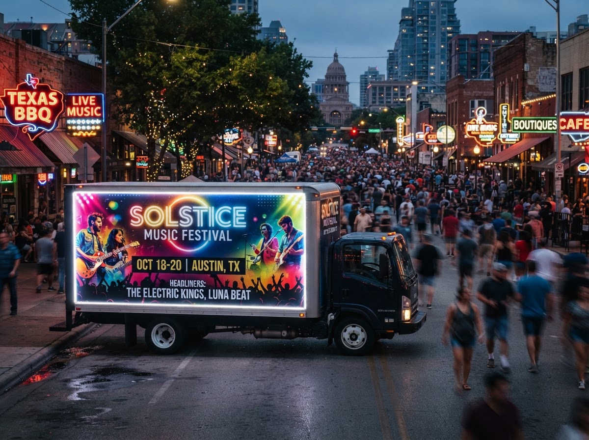 Motivo custom-wrapped 3D advertising truck parked near a busy Texas festival and retail area at dusk