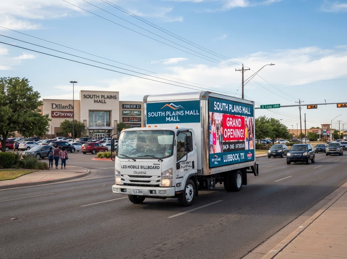 Motivo mobile billboard truck near South Plains Mall retail corridor in Lubbock