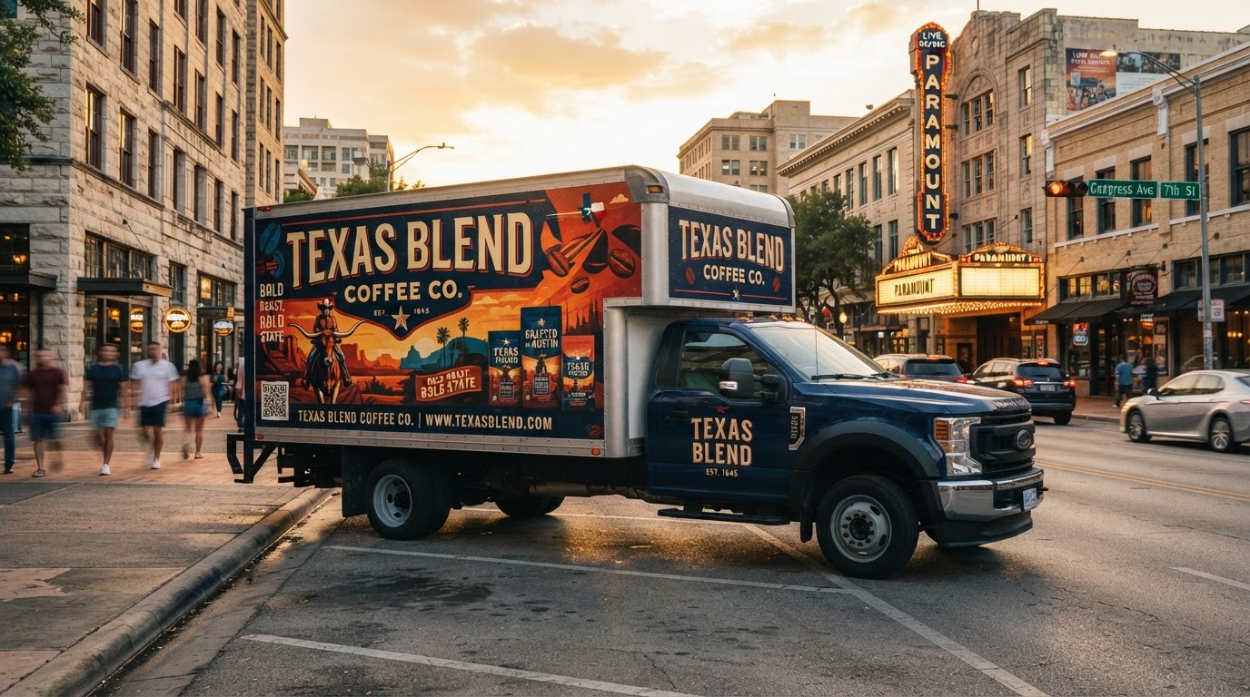 Motivo custom-wrapped 3D advertising truck with multi-angle branded displays parked on a busy Texas street at golden hour