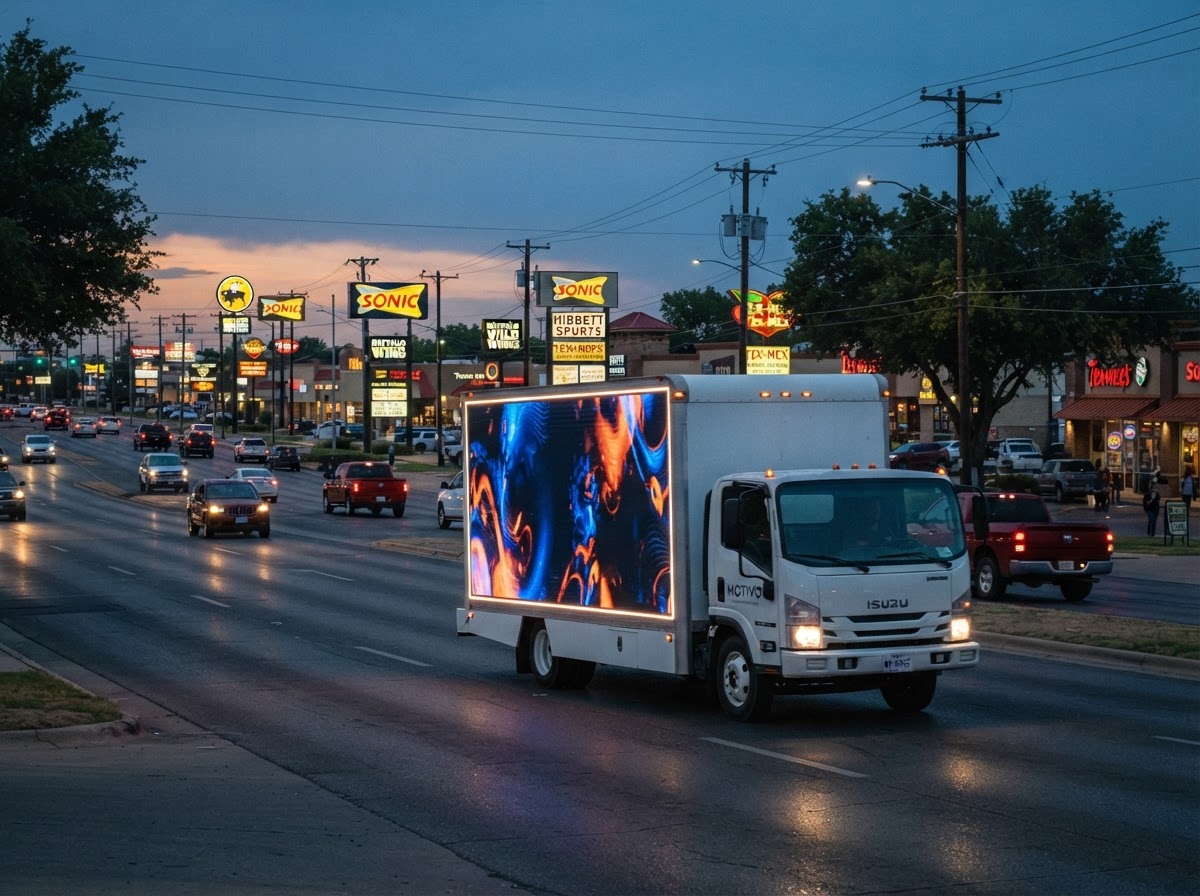 Motivo mobile billboard truck along the Southwest Drive commercial corridor in Abilene at dusk