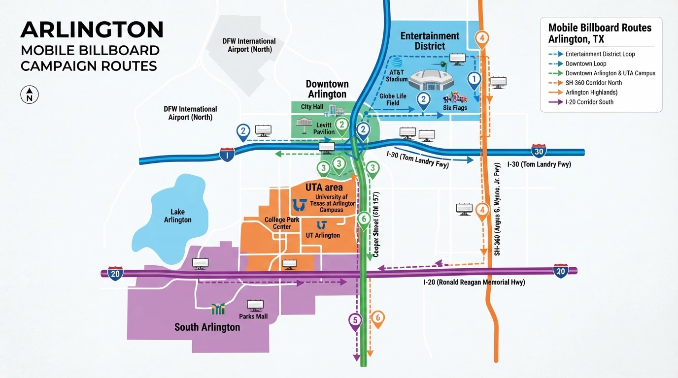 Bright map of Arlington, Texas showing Motivo mobile billboard campaign routes connecting the Entertainment District, Downtown Arlington, the UTA area, and South Arlington along I-30, I-20, SH-360, and Cooper Street