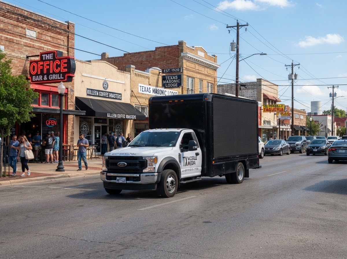 Motivo mobile billboard truck on a Downtown Killeen Texas street during the day