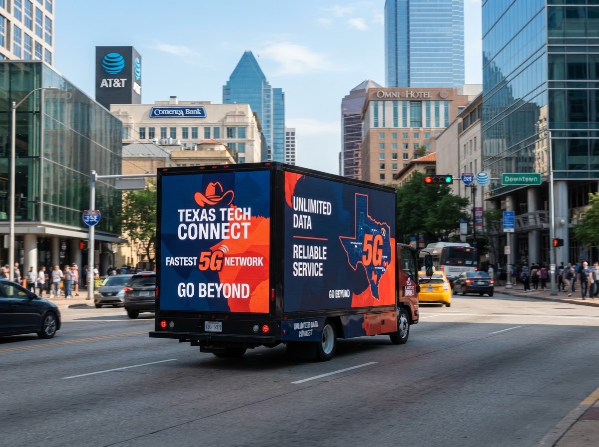Custom-wrapped three-sided 3D billboard truck driving through a high-traffic Texas business district on a target route