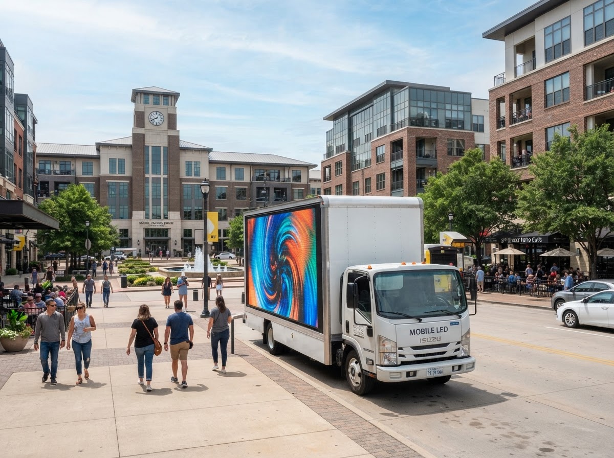 Motivo mobile billboard truck in the Frisco Square downtown area during the day