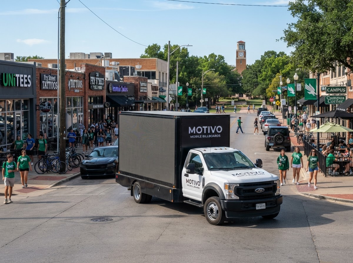 Motivo mobile billboard truck near the UNT university area in Denton Texas with campus-adjacent retail
