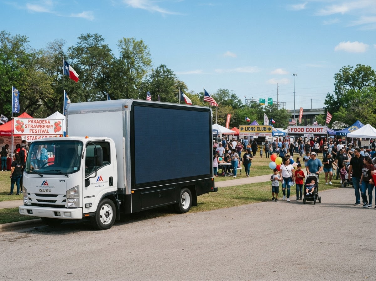 Motivo mobile LED billboard truck near a Pasadena community event and festival area