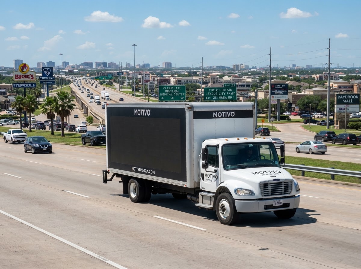 Motivo mobile LED billboard truck along the I-45 Gulf Freeway corridor in League City Texas near Clear Lake commercial areas