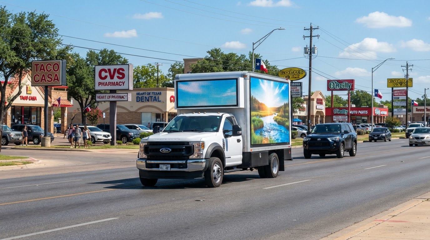 Motivo mobile billboard truck driving along a sunny commercial corridor in Killeen, Texas with retail storefronts and clear blue skies
